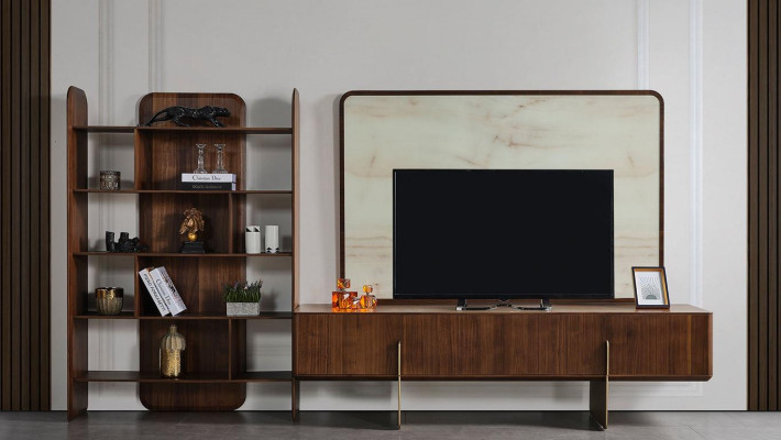 Conjunto de sala de estar compuesto por estantería, mueble bajo para TV y marco para TV de 3 piezas.