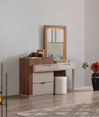 Cómoda de dormitorio color beige-marrón y tocador de diseñador con espejo, conjunto de 2 piezas.