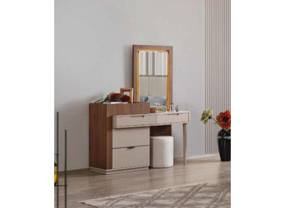 Cómoda de dormitorio color beige-marrón y tocador de diseñador con espejo, conjunto de 2 piezas.