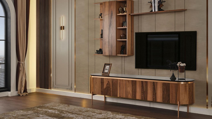 Conjunto perfecto de sala de estar consiste en un mueble bajo para TV marrón y un armario de pared.