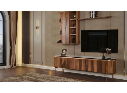 Conjunto perfecto de sala de estar consiste en un mueble bajo para TV marrón y un armario de pared.