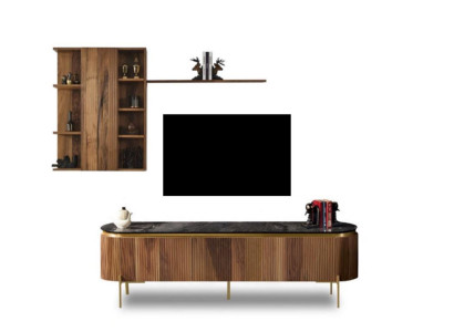 Conjunto de sala de estar compuesto por mueble bajo para TV + armario con estante de pared de 2 piezas. Nuevo.