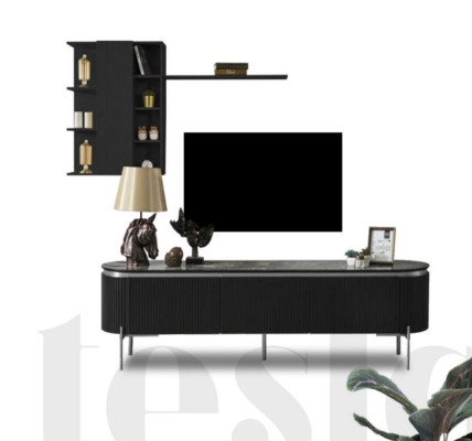 Salón de estar conjunto consta de TV de color negro Mueble bajo y armario de pared de 2 piezas.