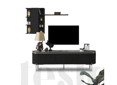Salón de estar conjunto consta de TV de color negro Mueble bajo y armario de pared de 2 piezas.