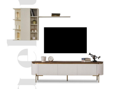 Conjunto de sala de estar compuesto por un mueble bajo para TV y un armario de pared con elementos dorados.