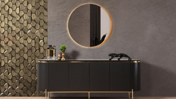 Conjunto de comedor moderno compuesto por cómoda negra y espejo 2 piezas.