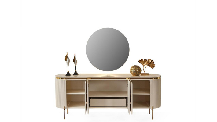 Consta de un conjunto de comedor. Consta de un aparador y espejo de color beige.