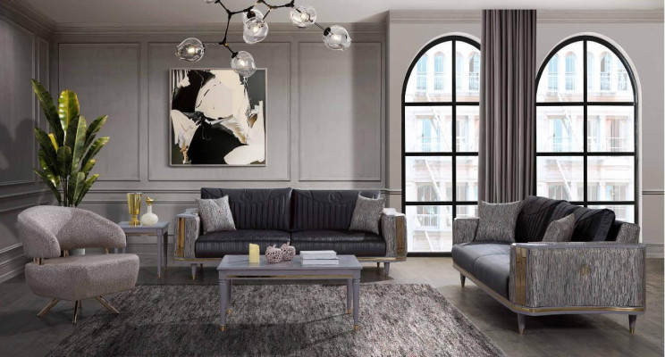 Conjunto de sala de estar gris, sofás de diseñador, mesa de centro de lujo y mesa auxiliar.