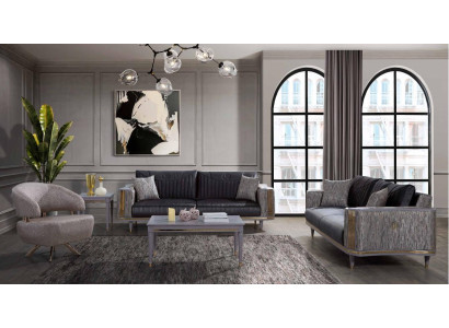 Conjunto de sala de estar gris, sofás de diseñador, mesa de centro de lujo y mesa auxiliar.