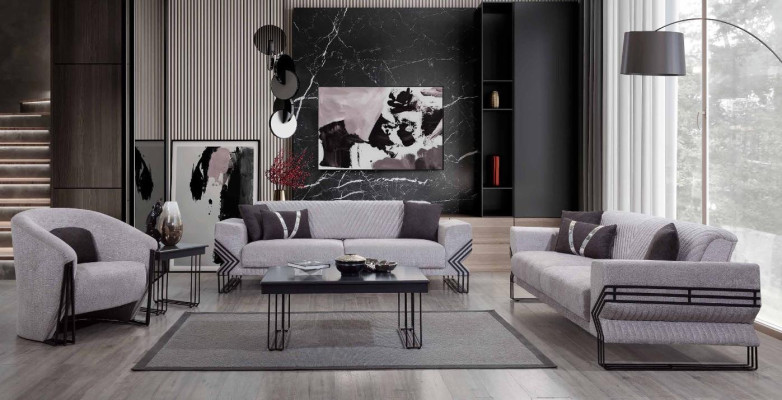 Conjunto de sofás gris claro. Modernos x2 sofás tapizados. Sillones de diseñador. Mesas.