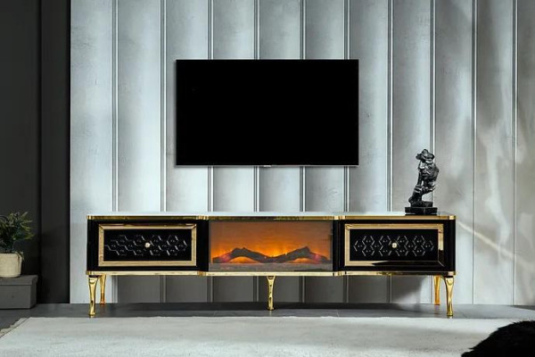 Mueble de televisión negro con chimenea simulada, muebles elegantes para la sala de estar.