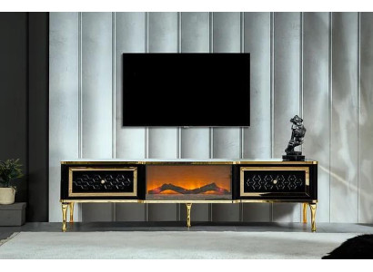 Mueble de televisión negro con chimenea simulada, muebles elegantes para la sala de estar.