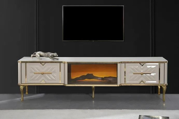 Aparador de sala de estar blanco + dorado Chimenea de lujo Mueble de TV exclusivo