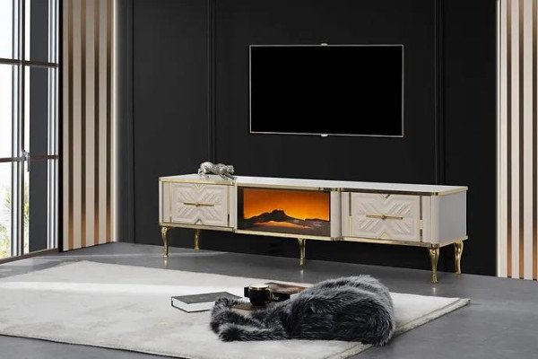 Aparador de sala de estar blanco + dorado Chimenea de lujo Mueble de TV exclusivo