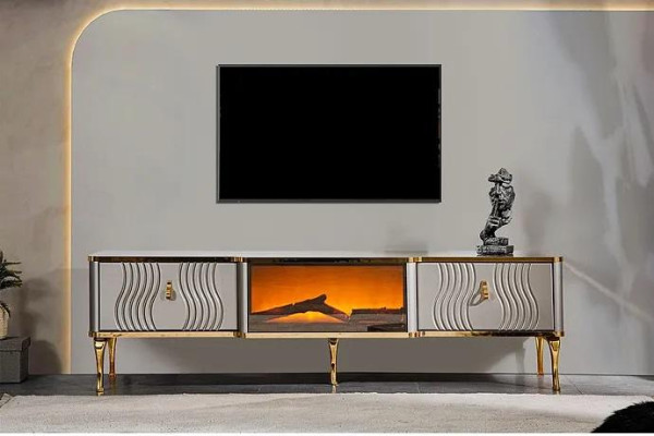 Mueble de TV blanco con tablero de fibra de madera dorado + metal Sala de estar muebles de TV.