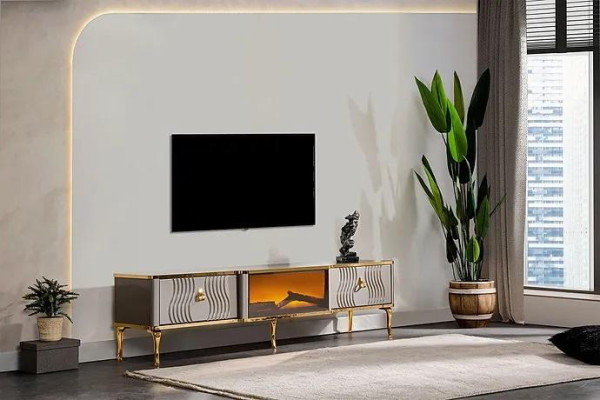 Mueble de TV blanco con tablero de fibra de madera dorado + metal Sala de estar muebles de TV.