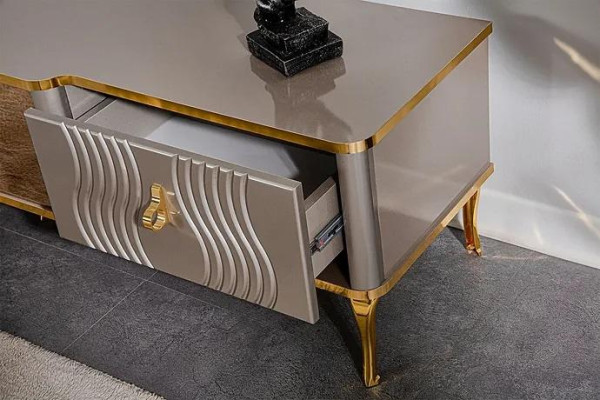 Mueble de TV blanco con tablero de fibra de madera dorado + metal Sala de estar muebles de TV.
