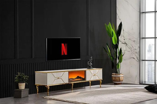 Mueble de televisión de lujo con marco blanco dorado de MDF de metal blanco.