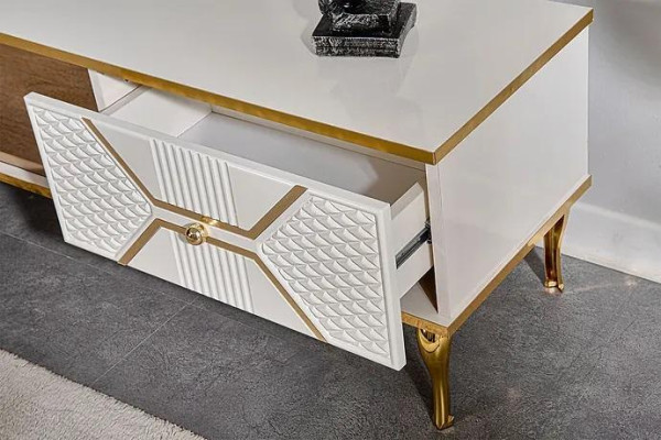 Mueble de televisión de lujo con marco blanco dorado de MDF de metal blanco.