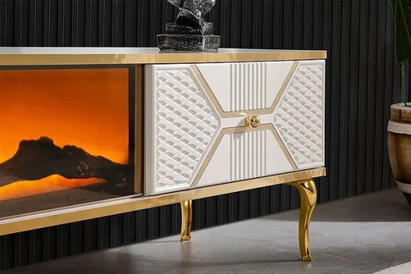 Mueble de televisión de lujo con marco blanco dorado de MDF de metal blanco.