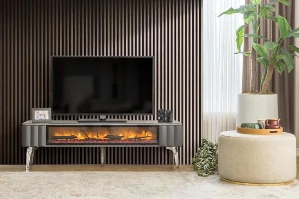 Mueble de televisión de alta calidad con chimenea MDF metal gris nuevo salón