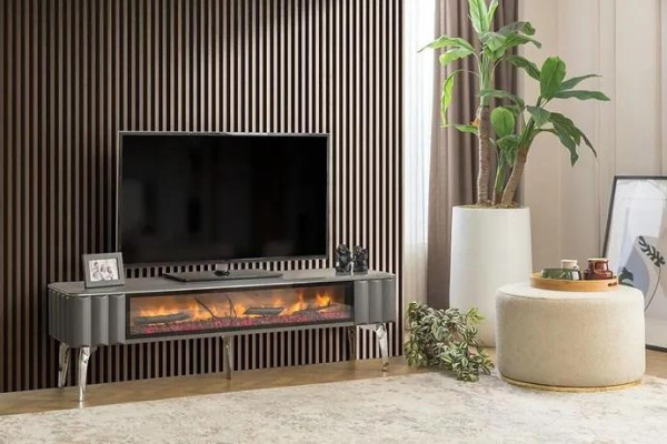 Mueble de televisión de alta calidad con chimenea MDF metal gris nuevo salón