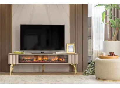 Mueble de televisión de lujo color beige para la sala de estar con chimenea, de MDF y metal.