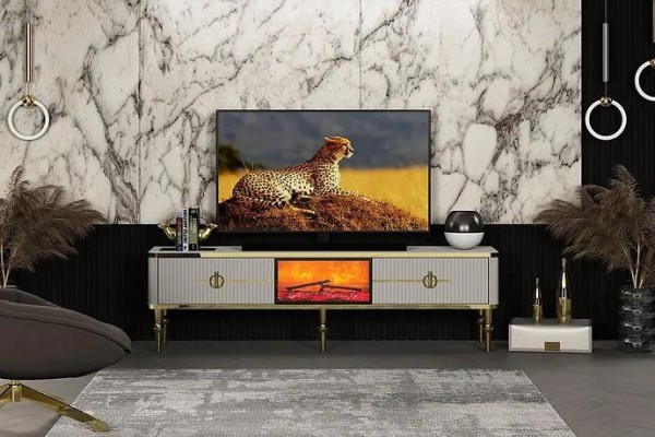 Sala de estar Mueble bajo de TV MDF metal blanco + dorado