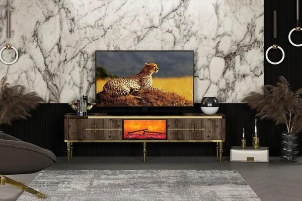 Mueble de TV sala de estar de lujo en MDF marrón oscuro + metal dorado, nuevo.