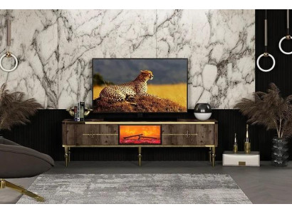 Mueble de TV sala de estar de lujo en MDF marrón oscuro + metal dorado, nuevo.