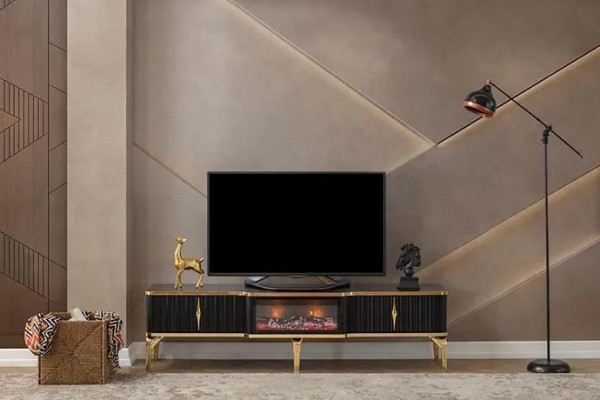 Mueble de TV negro de baja altura, nuevo mobiliario de lujo de MDF y metal para la sala de estar.