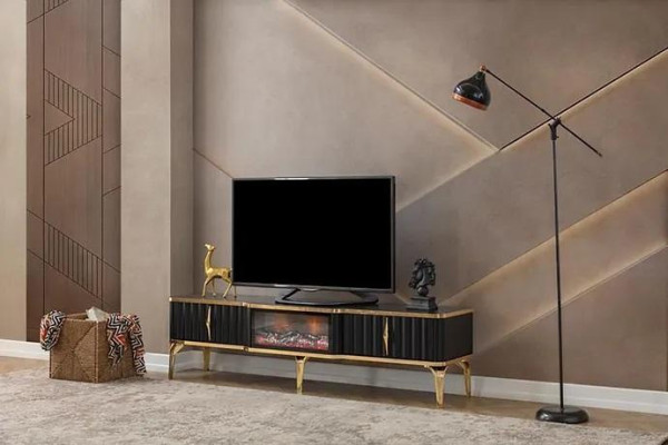 Mueble de TV negro de baja altura, nuevo mobiliario de lujo de MDF y metal para la sala de estar.