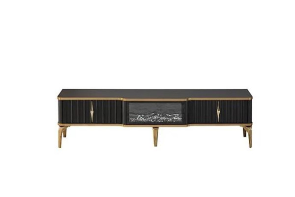 Mueble de TV negro de baja altura, nuevo mobiliario de lujo de MDF y metal para la sala de estar.