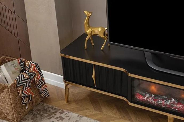 Mueble de TV negro de baja altura, nuevo mobiliario de lujo de MDF y metal para la sala de estar.