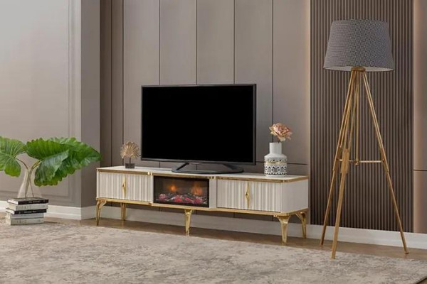 Salón mueble de TV lacado en blanco + dorado MDF Aparador de metal RTV de lujo nuevo