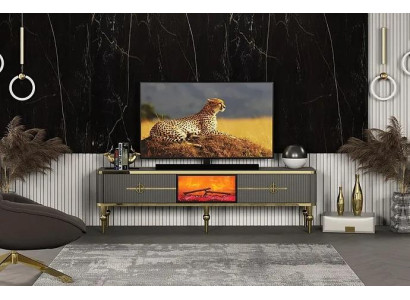 Mueble de TV gris para la sala de estar con chimenea, lado RTV de metal y MDF exclusivo.