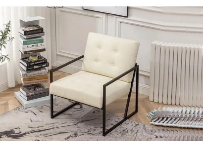 Sillón exclusivo de estilo moderno para la sala de estar en color beige, tela y patas de metal.