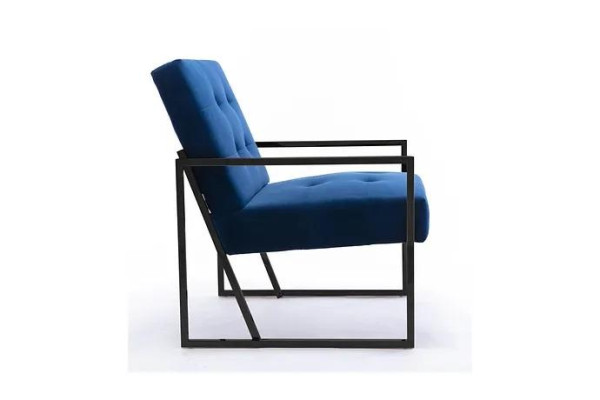 Sillón de 1 plaza, tapizado azul, estructura de madera, patas de metal, lujoso.