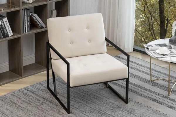 Sillón de tela beige de salón de 1 plaza para relajarse con patas metálicas para comedor.
