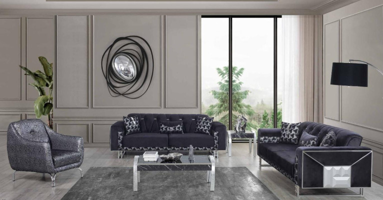 Sala de estar en gris y negro, set de sofás de diseñador con mesa auxiliar, 5 piezas.