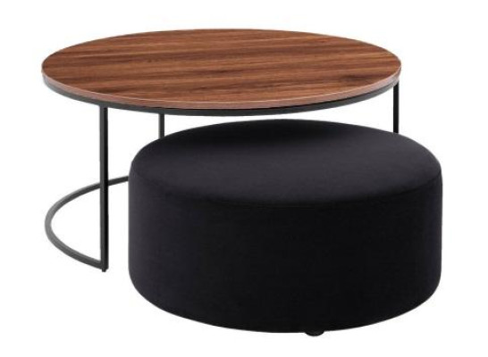 Mesa de centro marrón + juego de taburete de asiento negro tapizado en tela.