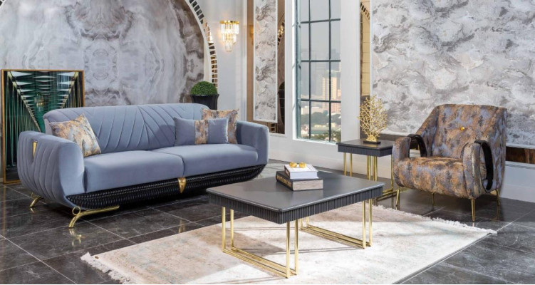 Muebles de salón tapizados modernos de diseñador. Sillón azul de tres plazas, 4 piezas.