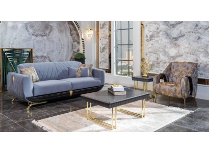 Muebles de salón tapizados modernos de diseñador. Sillón azul de tres plazas, 4 piezas.