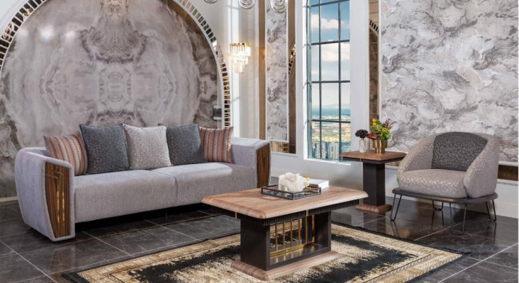 Sofá gris robusto de tres plazas con tapizado de tela y sillón conjunto de sofá.