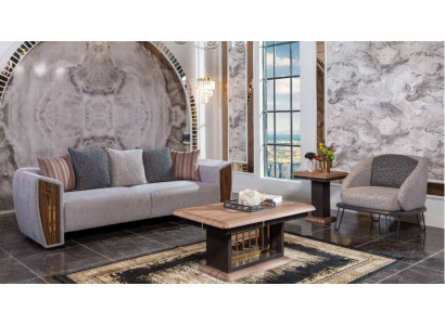 Sofá gris robusto de tres plazas con tapizado de tela y sillón conjunto de sofá.