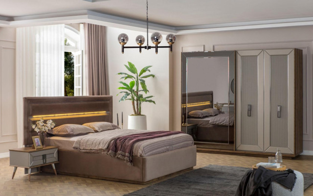 Conjunto de dormitorio beige - Cama doble moderna, armario de cristal de 4 piezas.