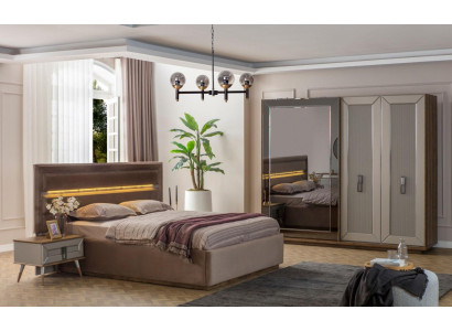 Conjunto de dormitorio beige - Cama doble moderna, armario de cristal de 4 piezas.