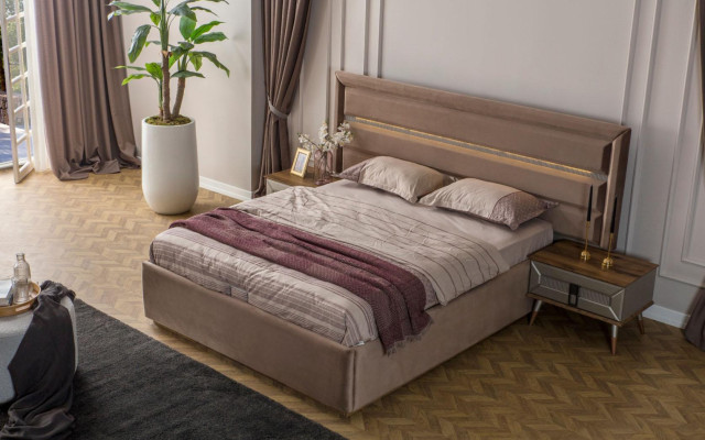 Conjunto de dormitorio beige - Cama doble moderna, armario de cristal de 4 piezas.