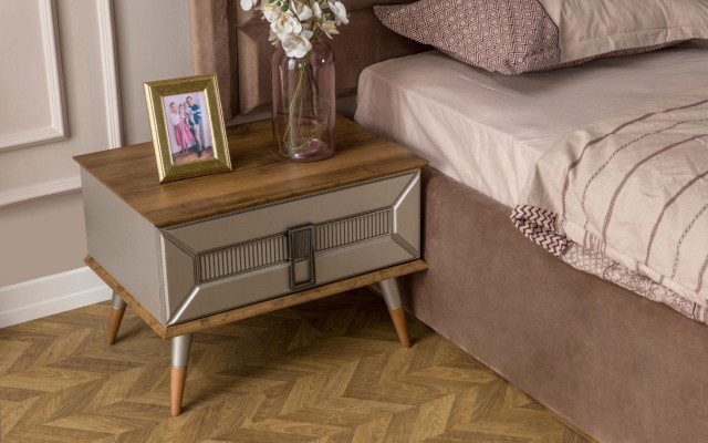 Conjunto de dormitorio beige - Cama doble moderna, armario de cristal de 4 piezas.