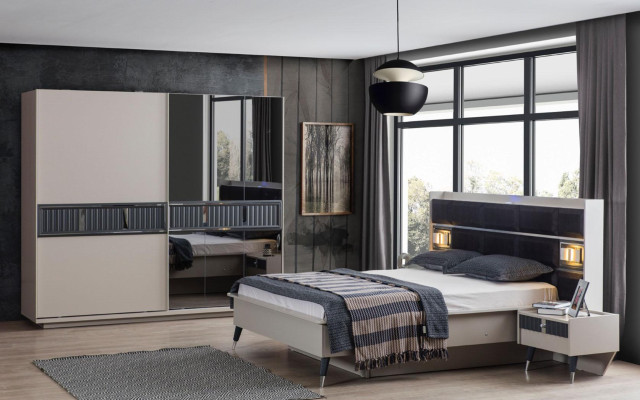 Muebles de dormitorio gris, cama de diseñador, 2 mesitas de noche, armario de madera, 4 piezas.